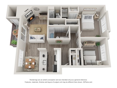 Floor plan for 2 beds, 2 baths, 970 sqft